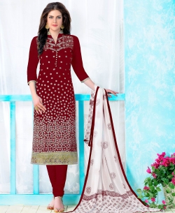 Maroon Cambric Cotton Embroidered Chudidhar Suits