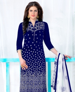 Navy Blue Cambric Cotton Embroidered Chudidhar Suits