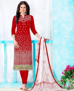 Red Cambric Cotton Embroidered Chudidhar Suits