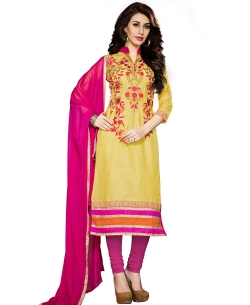 Yellow Cambric Cotton Embroidered Chudidhar Suits