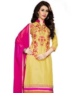 Yellow Cambric Cotton Embroidered Chudidhar Suits
