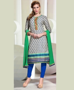 Off White And Blue Cotton Printed Chudidhar Suits