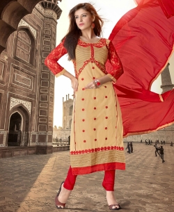 Beige Cotton Digital Printed Chudidhar Suits
