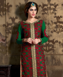 Green And Red Georgette Embroidered Chudidhar Suits