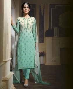 Medium Aquamarine Georgette Embroidered Chudidhar Suits
