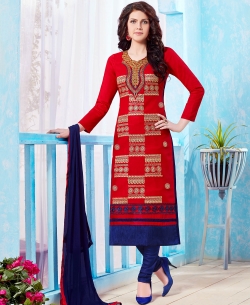 Red Cotton Embroidered Chudidhar Suits