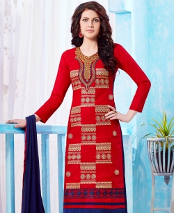 Red Cotton Embroidered Chudidhar Suits