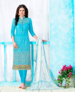 Sky Blue Cotton Embroidered Chudidhar Suits