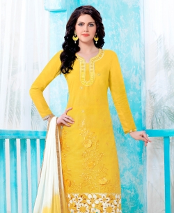 Yellow Cotton Embroidered Chudidhar Suits