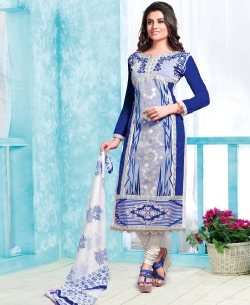 Blue And Grey Cotton Embroidered Chudidhar Suits