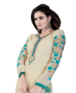 Cream Georgette Blend Embroidered Chudidhar Suits