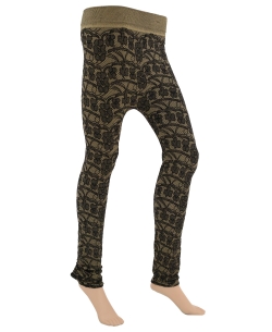 Dark Khaki Cotton Blend Embossed Designer Leggings