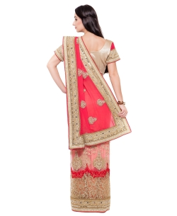 Peach And Red Georgette, Net Stones Designer Sarees