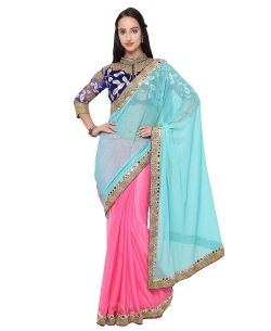 Pink And SkyBlue Lycra Mirror Work Designer Sarees