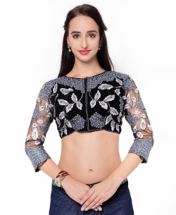 Grey And NavyBlue Lycra Embroidered Designer Sarees