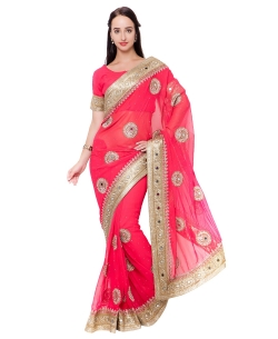 Valentine Red Georgette Mirror Work Designer Sarees