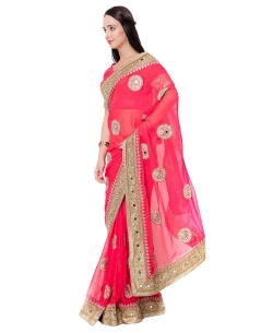 Valentine Red Georgette Mirror Work Designer Sarees