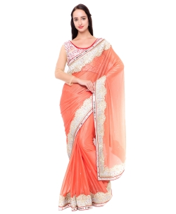 Coral Lycra Mirror Work Designer Sarees