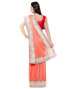 Coral Lycra Mirror Work Designer Sarees