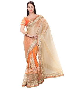 Beige And Orange Lycra, Net Mirror Work Designer Sarees