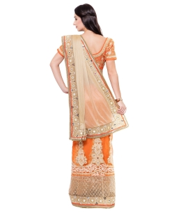 Beige And Orange Lycra, Net Mirror Work Designer Sarees