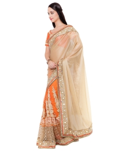 Beige And Orange Lycra, Net Mirror Work Designer Sarees