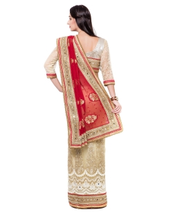 Red And Beige Jacquard, Net Embroidered Designer Sarees