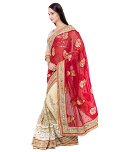 Red And Beige Jacquard, Net Embroidered Designer Sarees