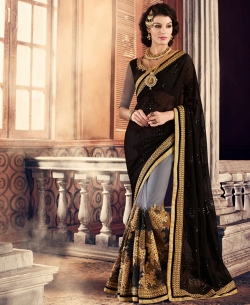 Black And Grey Georgette, Net Embroidered Designer Sarees