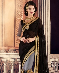Black And Grey Georgette, Net Embroidered Designer Sarees