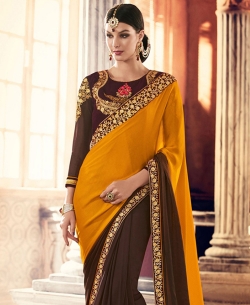 Brown And Mustard Crepe, Georgette Embroidered Designer Sarees