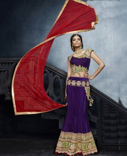 Purple Velvet Patch Work Fish Cut Lehengas