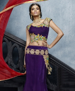 Purple Velvet Patch Work Fish Cut Lehengas