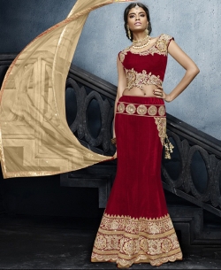 Maroon Velvet Patch Work Fish Cut Lehengas
