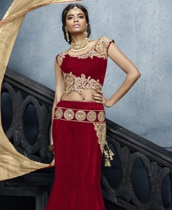 Maroon Velvet Patch Work Fish Cut Lehengas