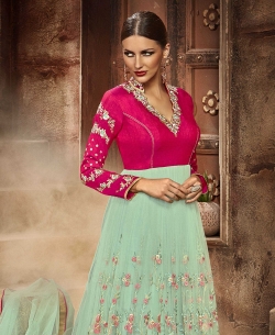Aquamarine And DeepPink Silk Embroidered Gowns