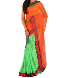 Orange Chiffon Printed Half And Half Sarees