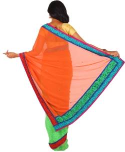Orange Chiffon Printed Half And Half Sarees