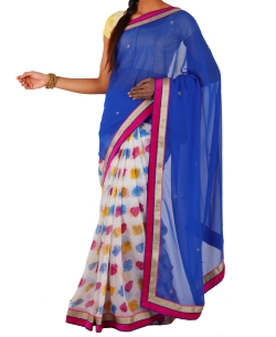 Royal Blue Chiffon Printed Half And Half Sarees