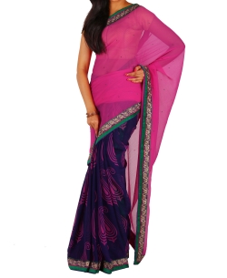 Pink Chiffon Printed Half And Half Sarees