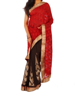 Red Chiffon Embroidered Half And Half Sarees