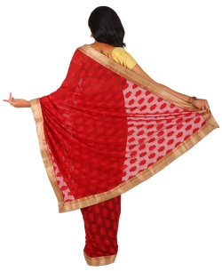 Red Chiffon Embroidered Half And Half Sarees