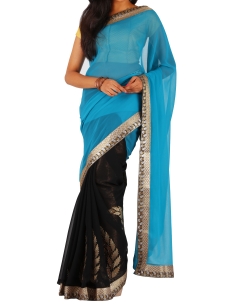 Sky Blue Chiffon Embroidered Half And Half Sarees