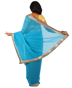 Sky Blue Chiffon Embroidered Half And Half Sarees