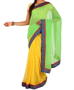 Greenish Yellow And Yellow Chiffon Printed Half And Half Sarees