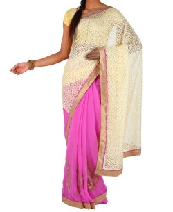 Cream Chiffon Brasso Style Half And Half Sarees