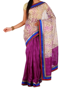 Cream And Magenta Tissue Printed Half And Half Sarees
