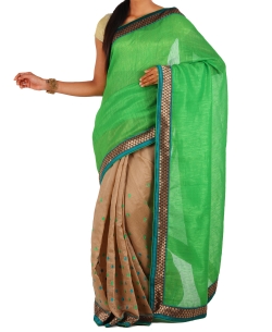 Light Green And BurlyWood Jute Embroidered Half And Half Sarees