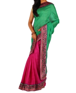 Green And HotPink Jute Solid Half And Half Sarees