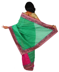 Green And HotPink Jute Solid Half And Half Sarees